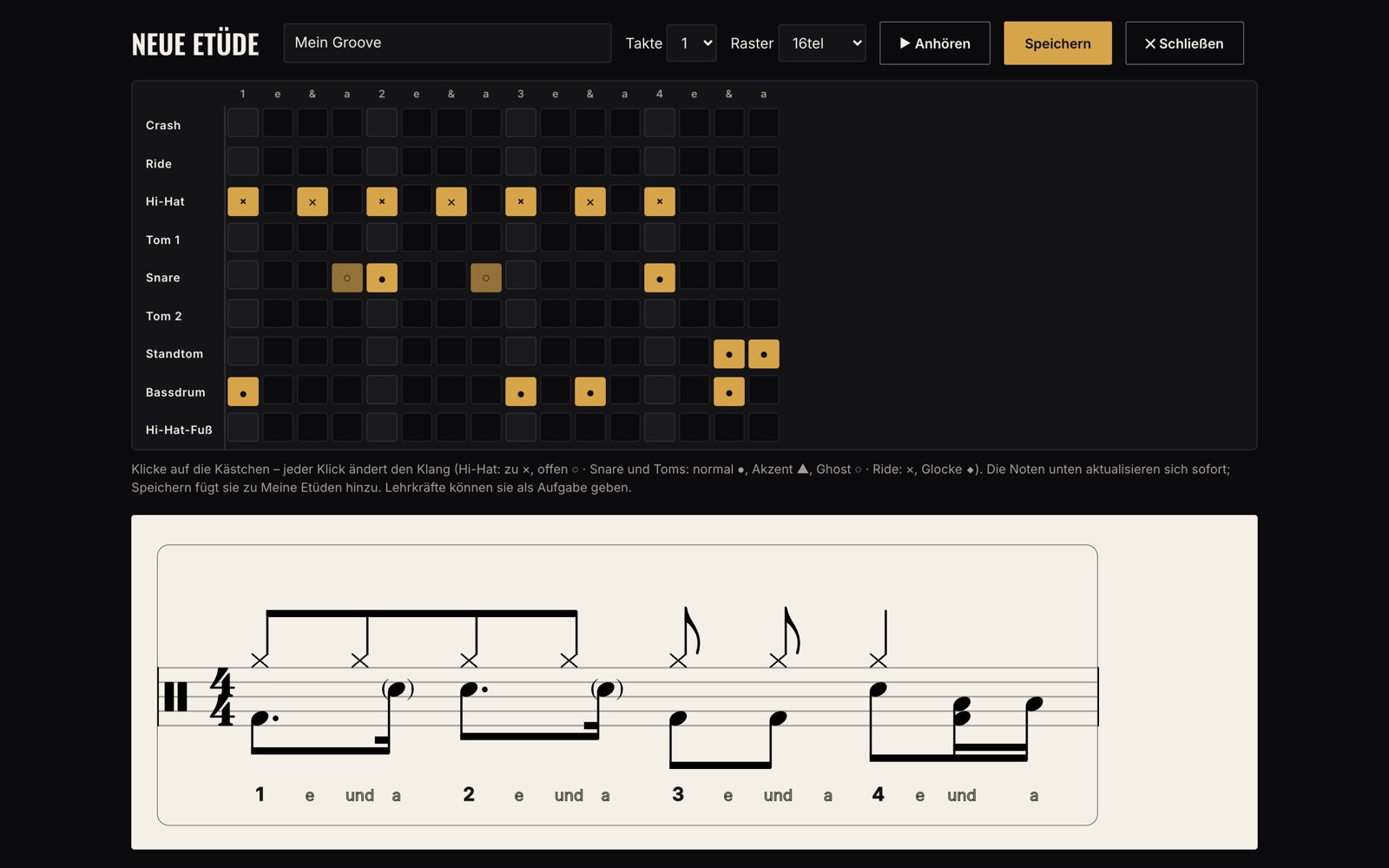 Etüden-Editor: Raster zum Schreiben eigener Grooves
