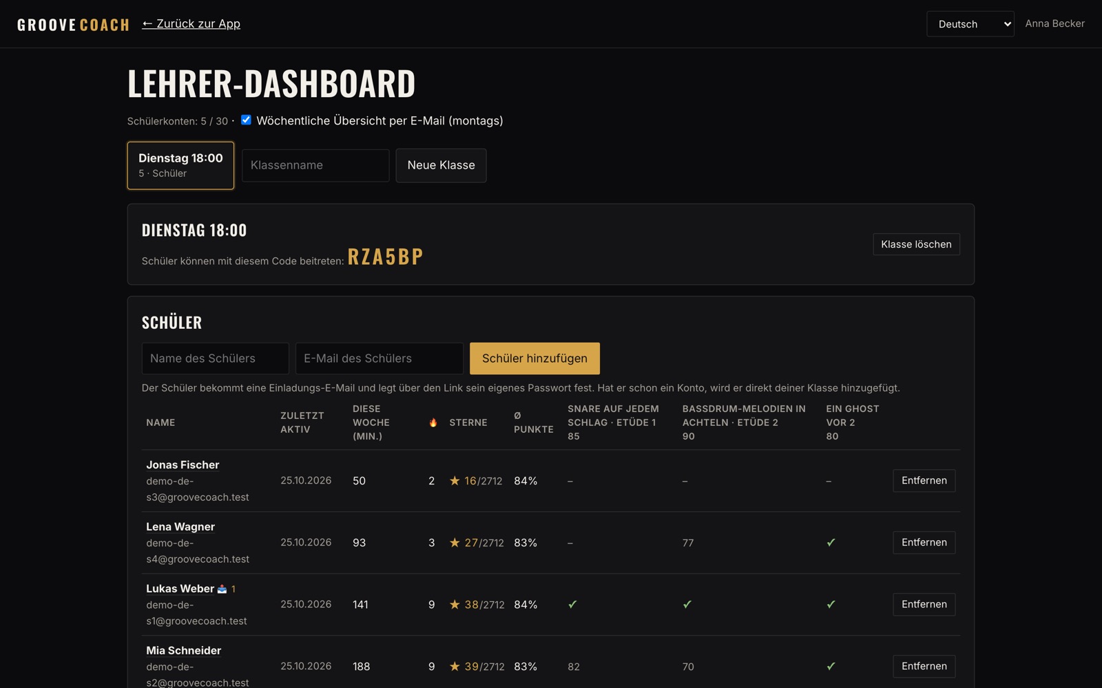 Lehrer-Dashboard mit Klassen, Schülern und Aufgaben