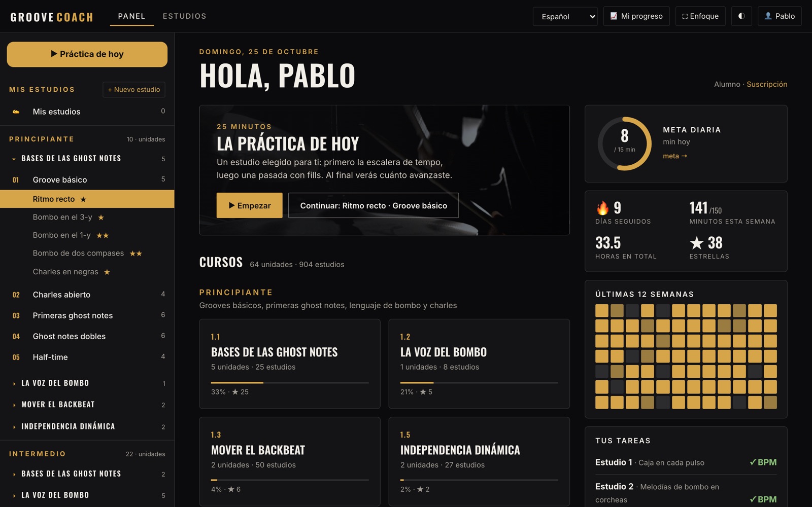 Panel con anillo de objetivo diario, mapa de práctica de 12 semanas y progreso de cursos