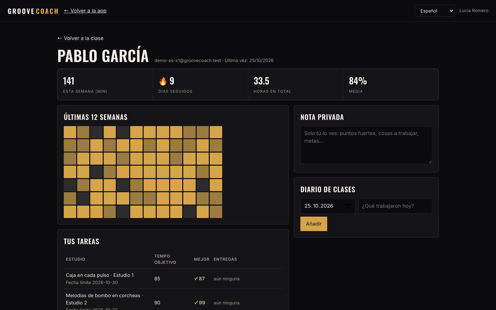 Página del alumno con progreso e historial de práctica