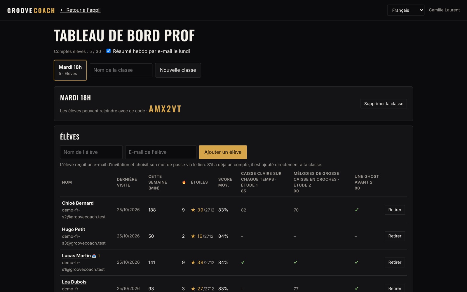 Espace prof avec classes, élèves et devoirs