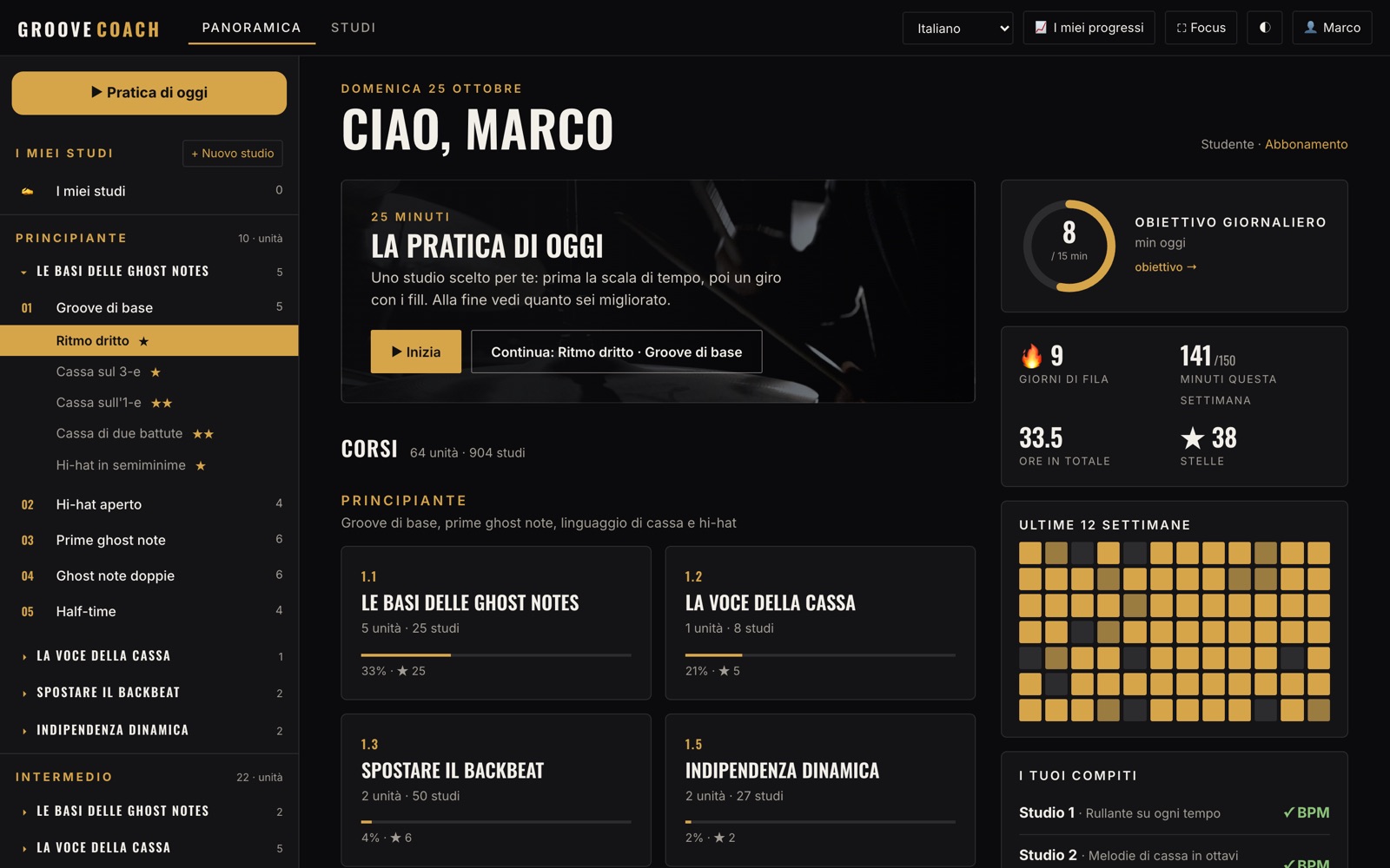 Dashboard con obiettivo giornaliero, mappa di pratica di 12 settimane e progressi dei corsi