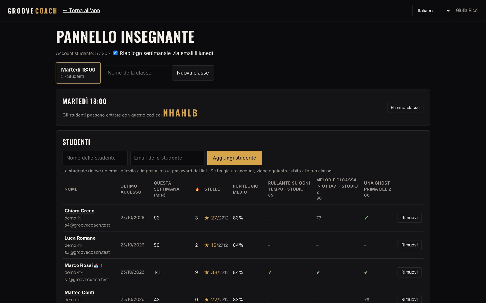 Area insegnante con classi, studenti e compiti
