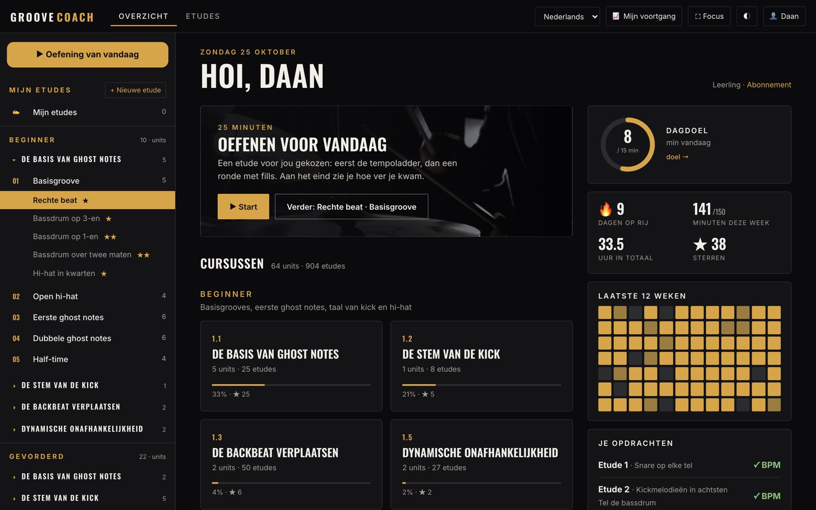 Dashboard met dagdoel, oefenkaart van 12 weken en cursusvoortgang