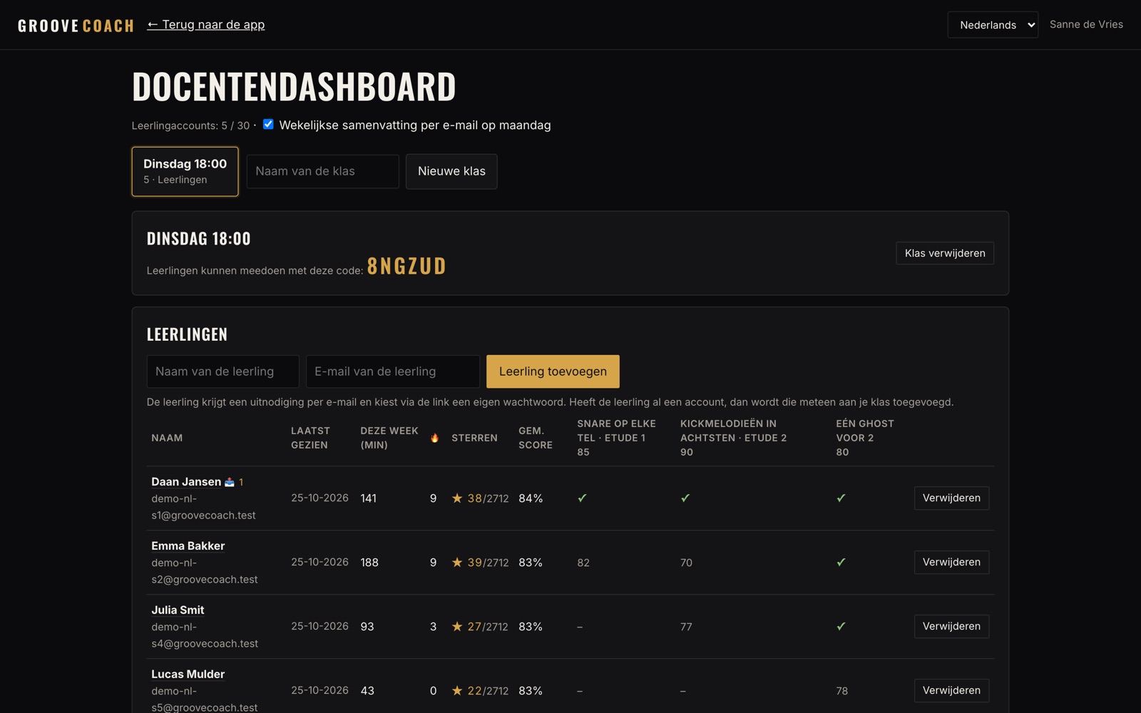 Docentendashboard met klassen, leerlingen en opdrachten